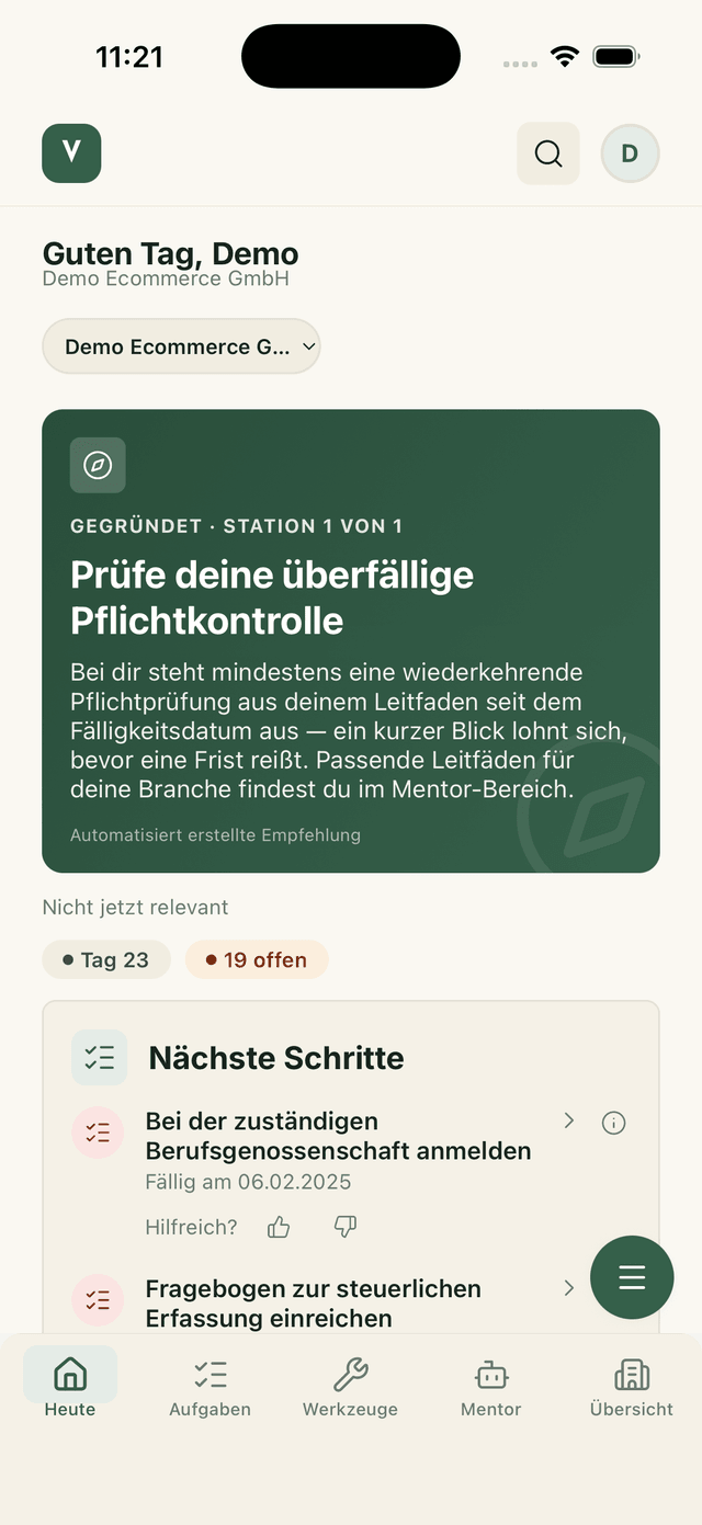 Vantric Heute-Übersicht mit nächsten Schritten